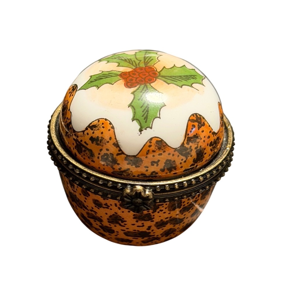 Christmas Plum Pudding Porcelain Hinged Trinket Box Holly Berry Festive Decor